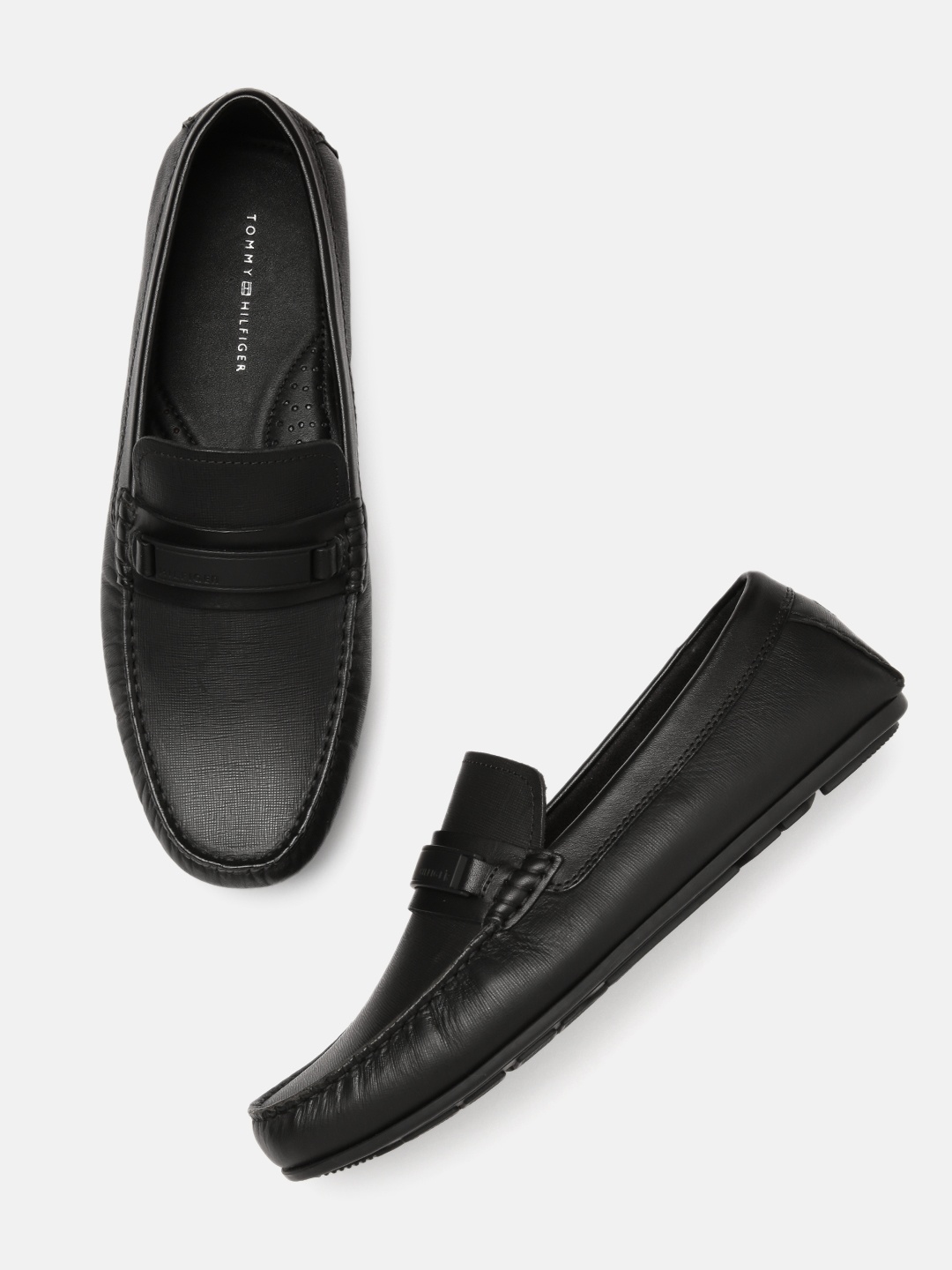 

Tommy Hilfiger Men Black Solid Leather Horsebit Loafers