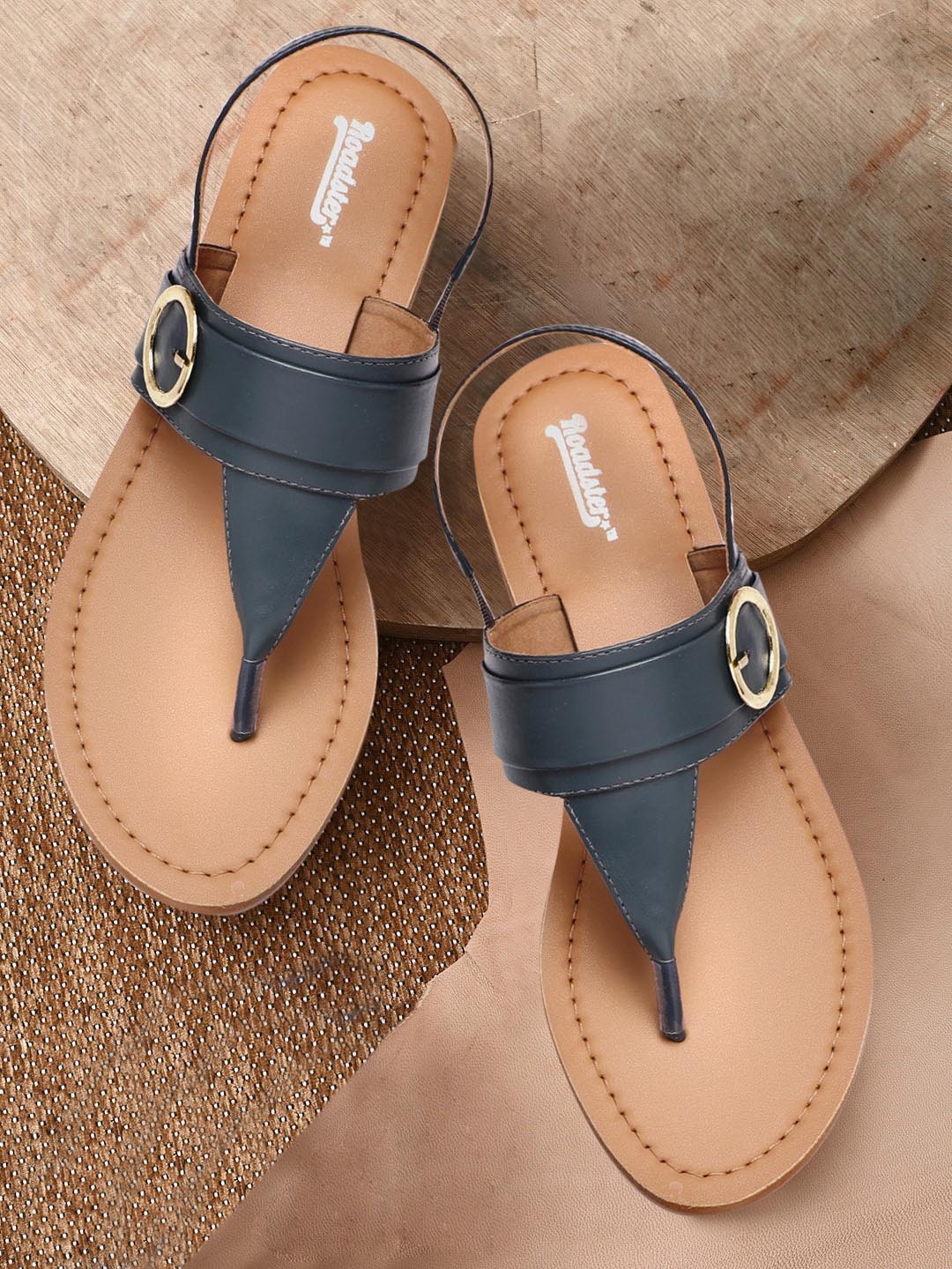 

Roadster Women Teal Blue Solid T-Strap Flats with Buckle Detail