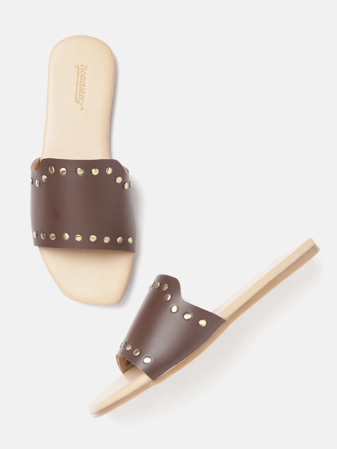 

Roadster Women Coffee Brown & Gold-Toned Studded Open Toe Flats