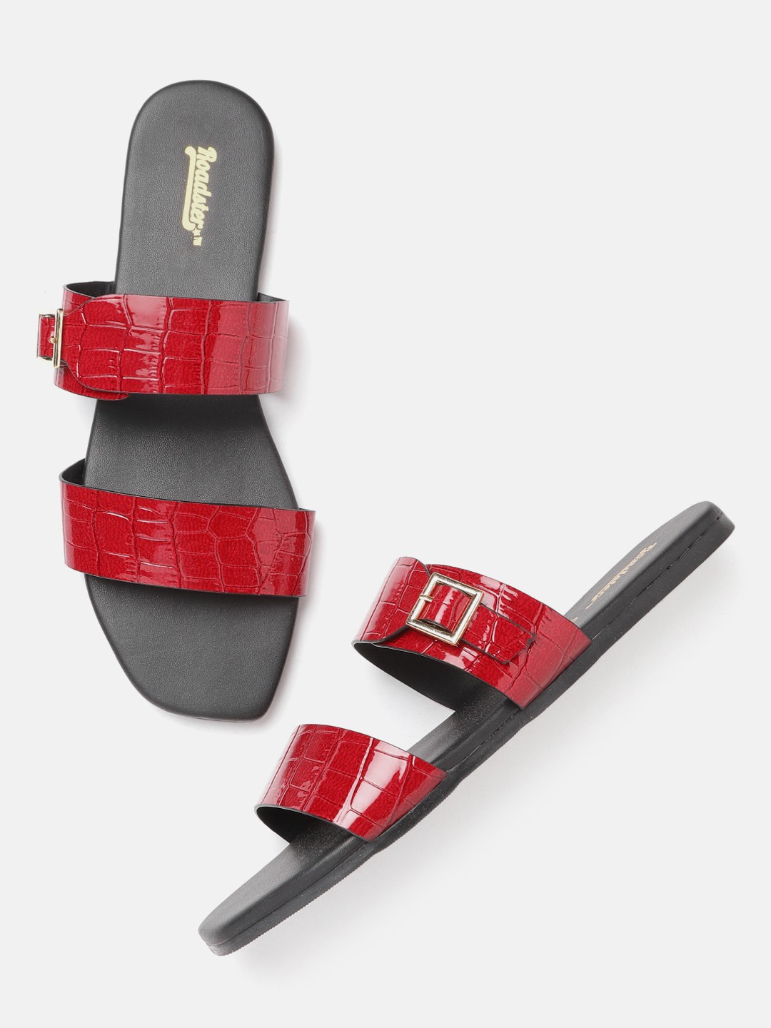 

Roadster Women Red Croc-Textured Patent Finish Open Toe Flats with Buckle Detail