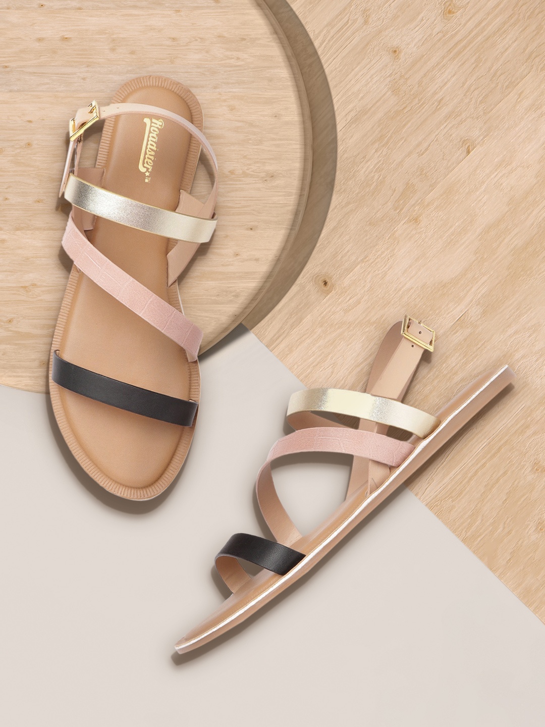 

Roadster Women Black & Peach-Coloured Colourblocked Open Toe Flats