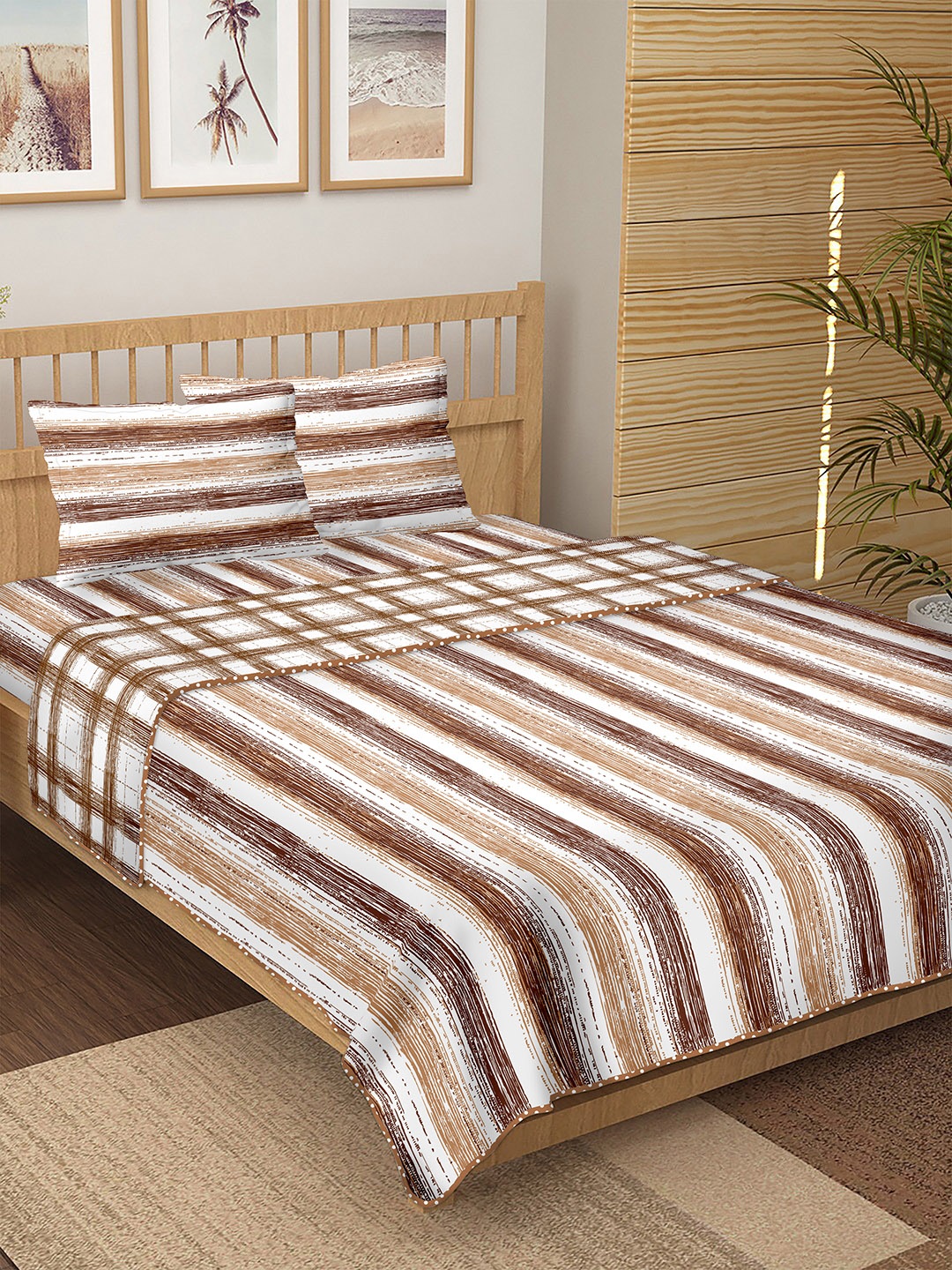 

BELLA CASA Brown & Beige Striped Cotton Bedding Set With Comforter