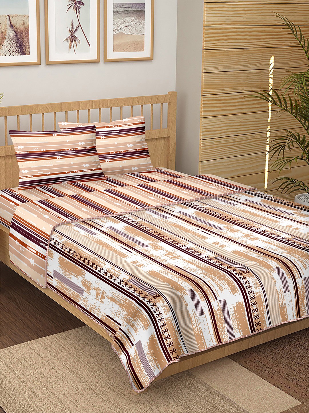 

BELLA CASA Brown Striped Double Bedding Set With Pillow Covers & Dohar