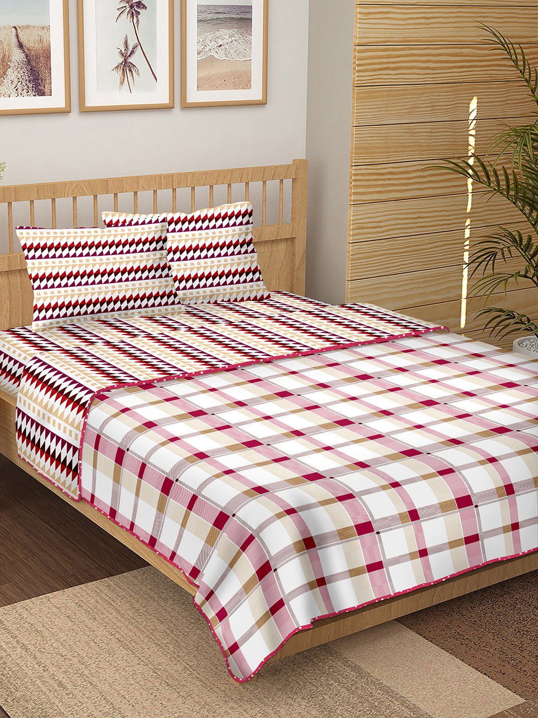 

BELLA CASA Pink & White Printed Cotton Bedding Set With Comforter