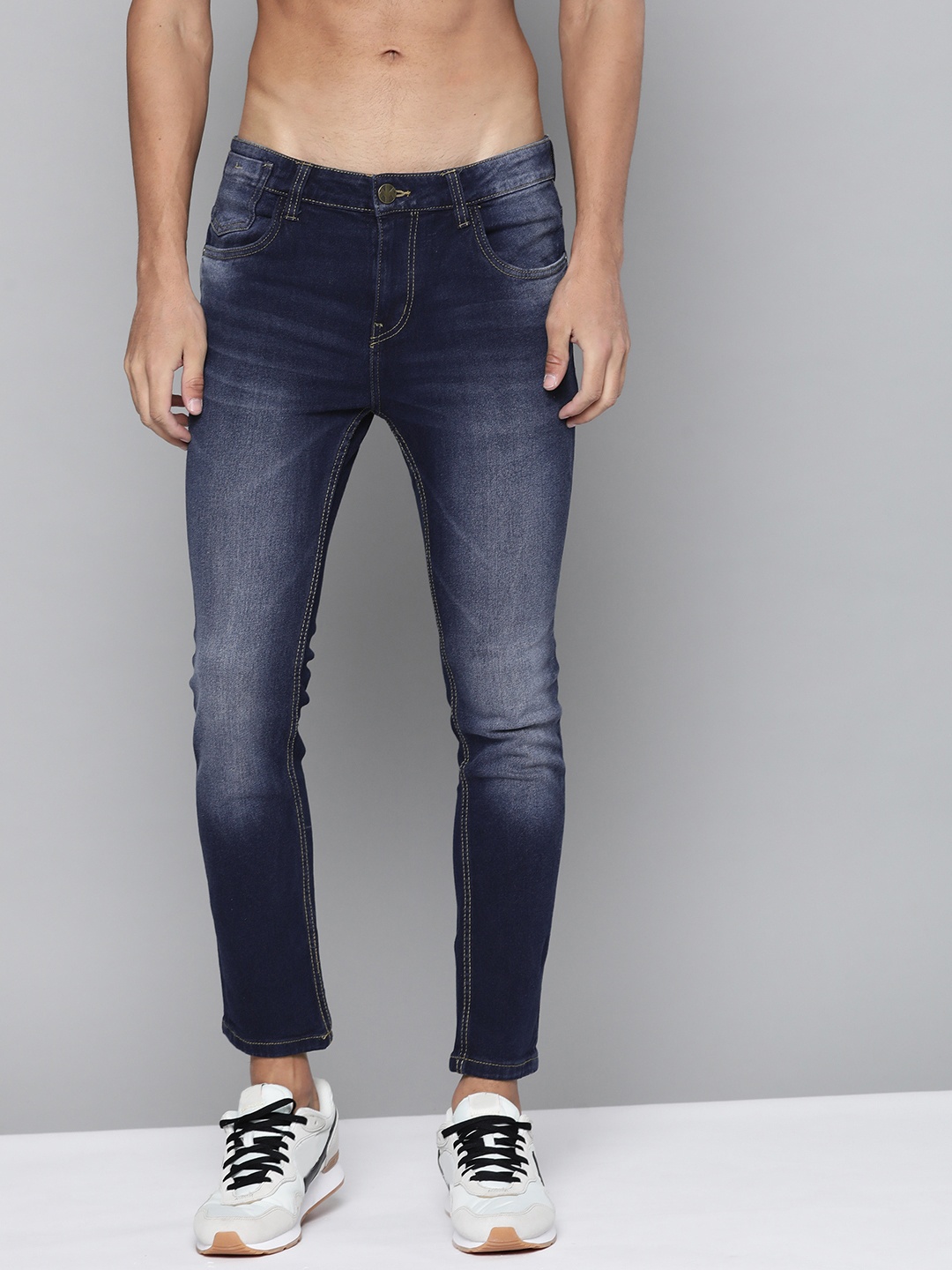 

Kook N Keech Men Navy Blue Super Skinny Fit Low-Rise Heavy Fade Stretchable Jeans