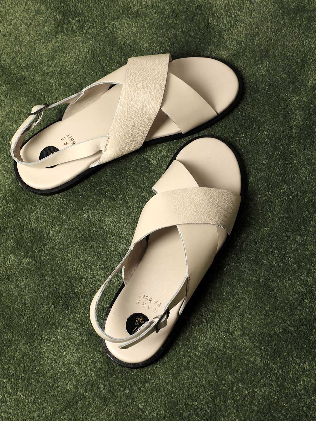 

RARE RABBIT Men White Solid Leather Comfort Sandals