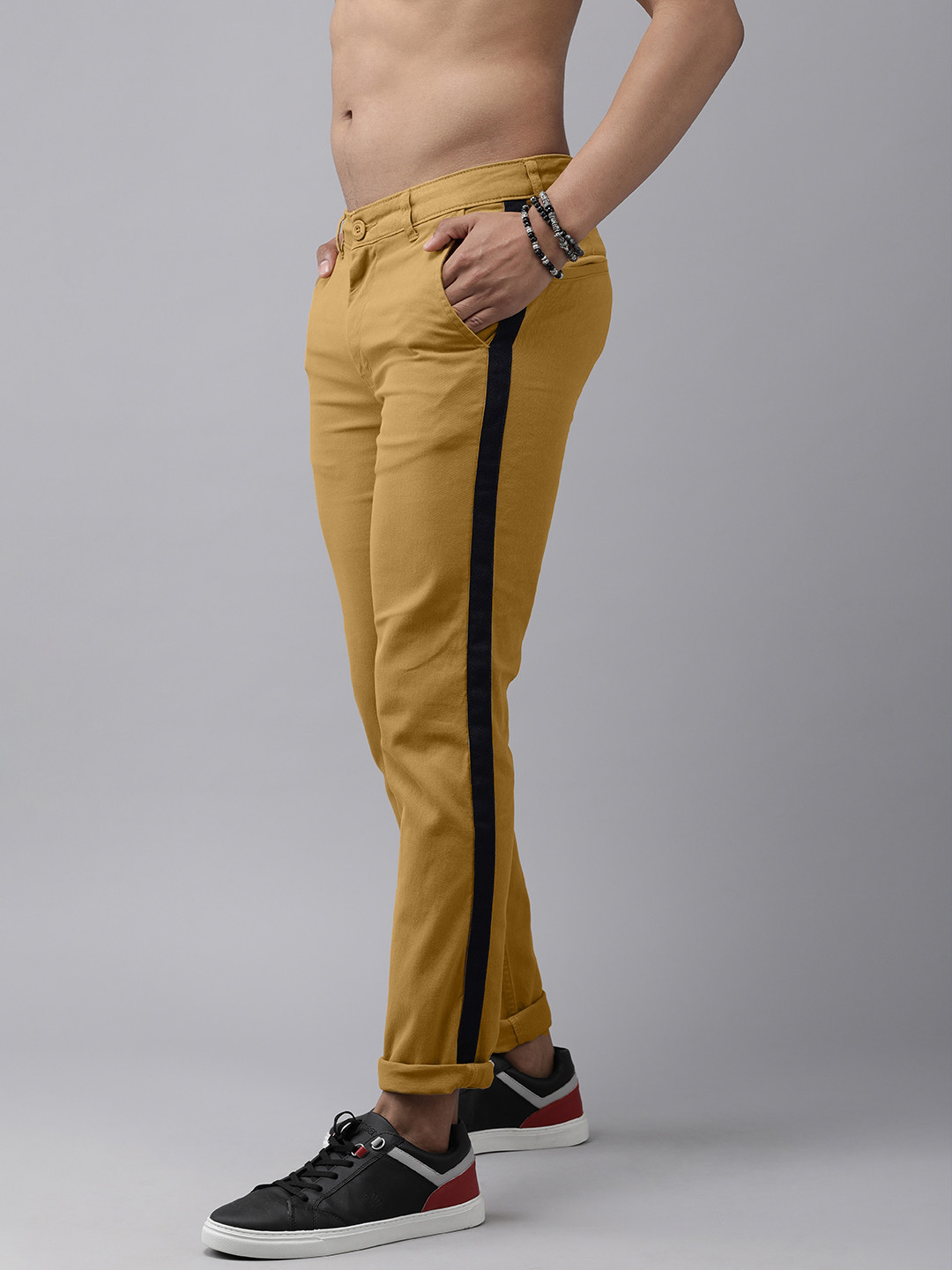 

Roadster Men Mustard Yellow Trousers With Side Stripe