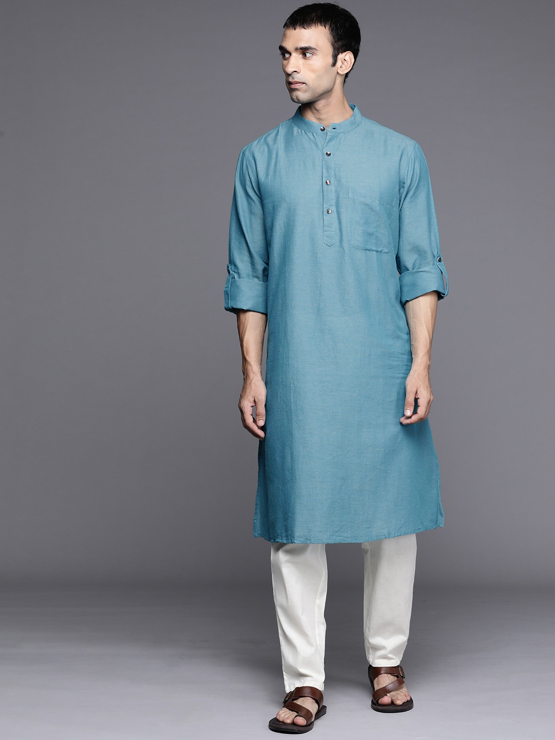 

Fabindia Men Turquoise Blue Solid Cotton Straight Kurta