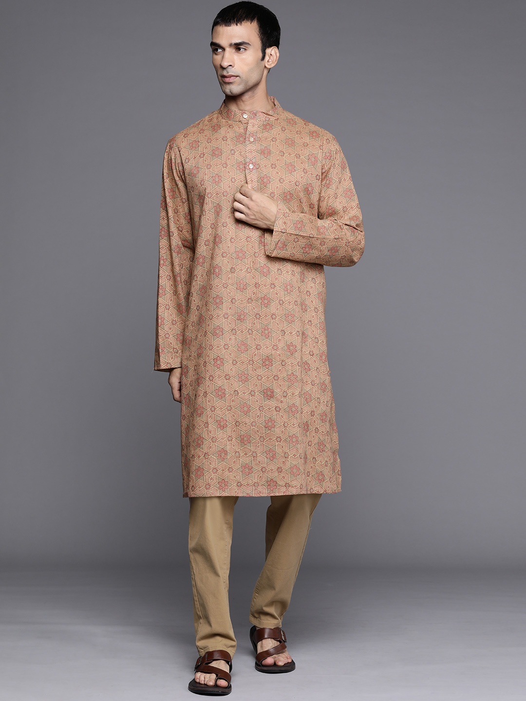 

Fabindia Men Pink & Beige Ethnic Motifs Printed Straight Cotton Straight Kurta