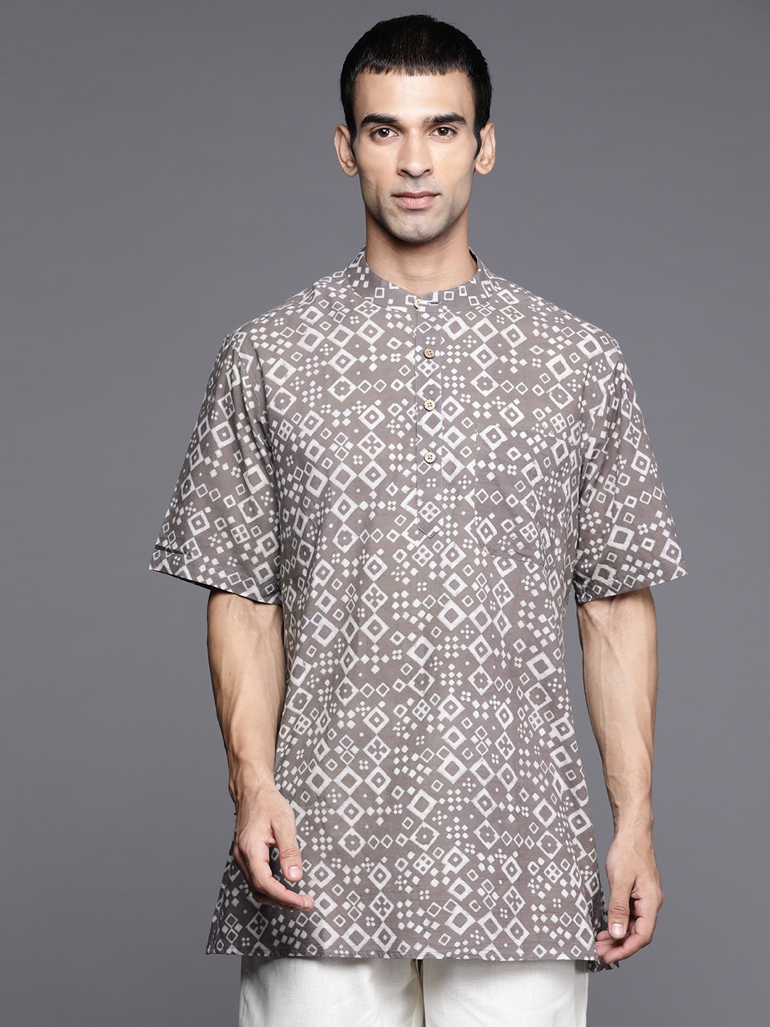 

Fabindia Men Grey & White Ethnic Motifs Print Cotton Straight Kurta