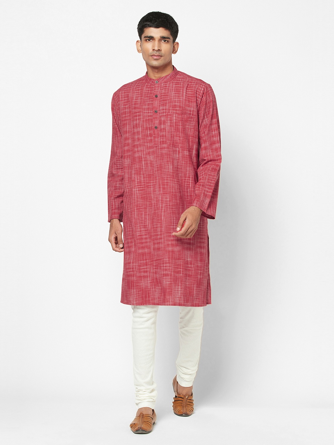 

Fabindia Men Maroon & White Cotton Self Design Straight Kurta