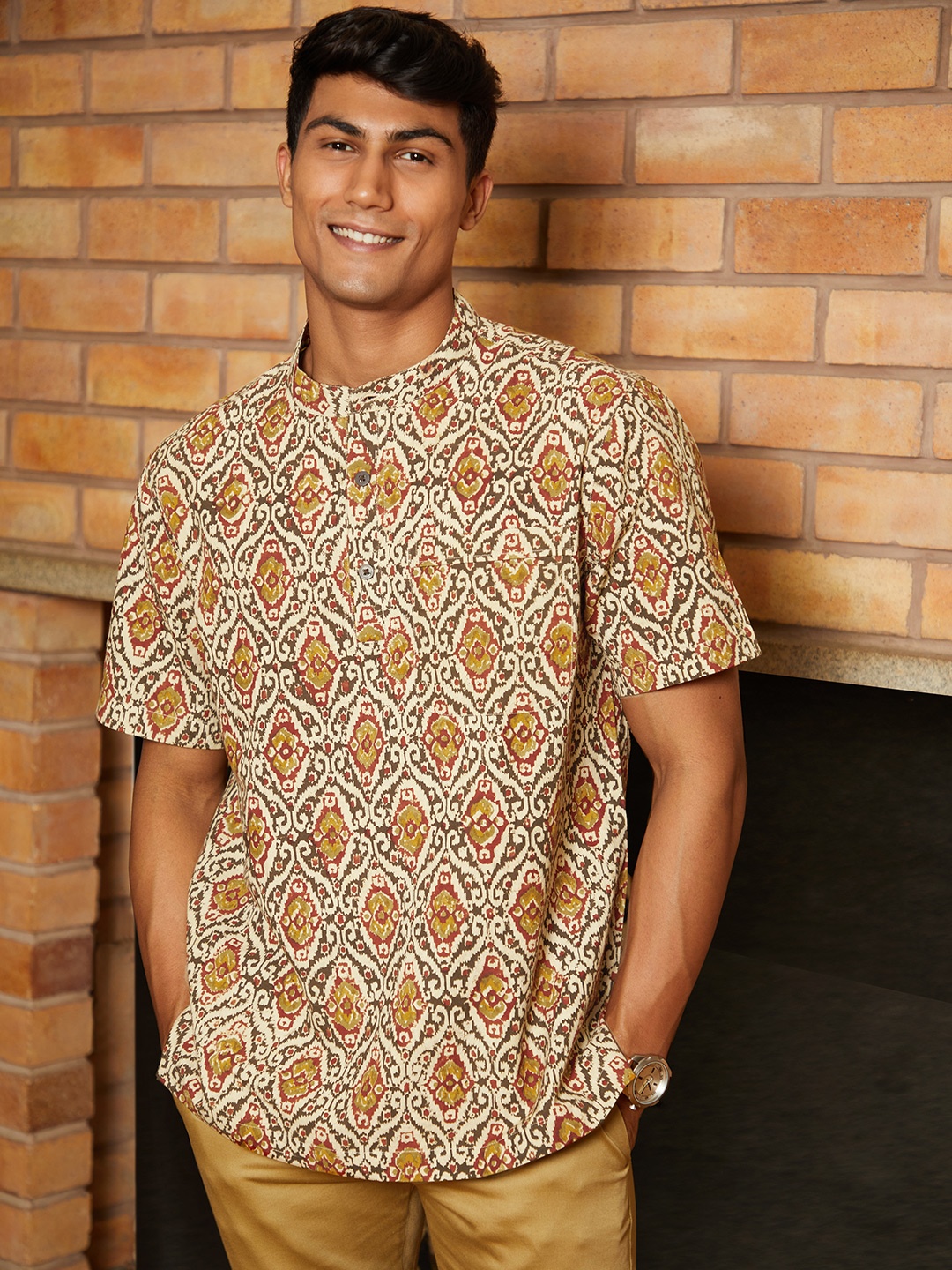 

Fabindia Men Beige & Brown Ethnic Motifs Print Cotton Straight Kurta