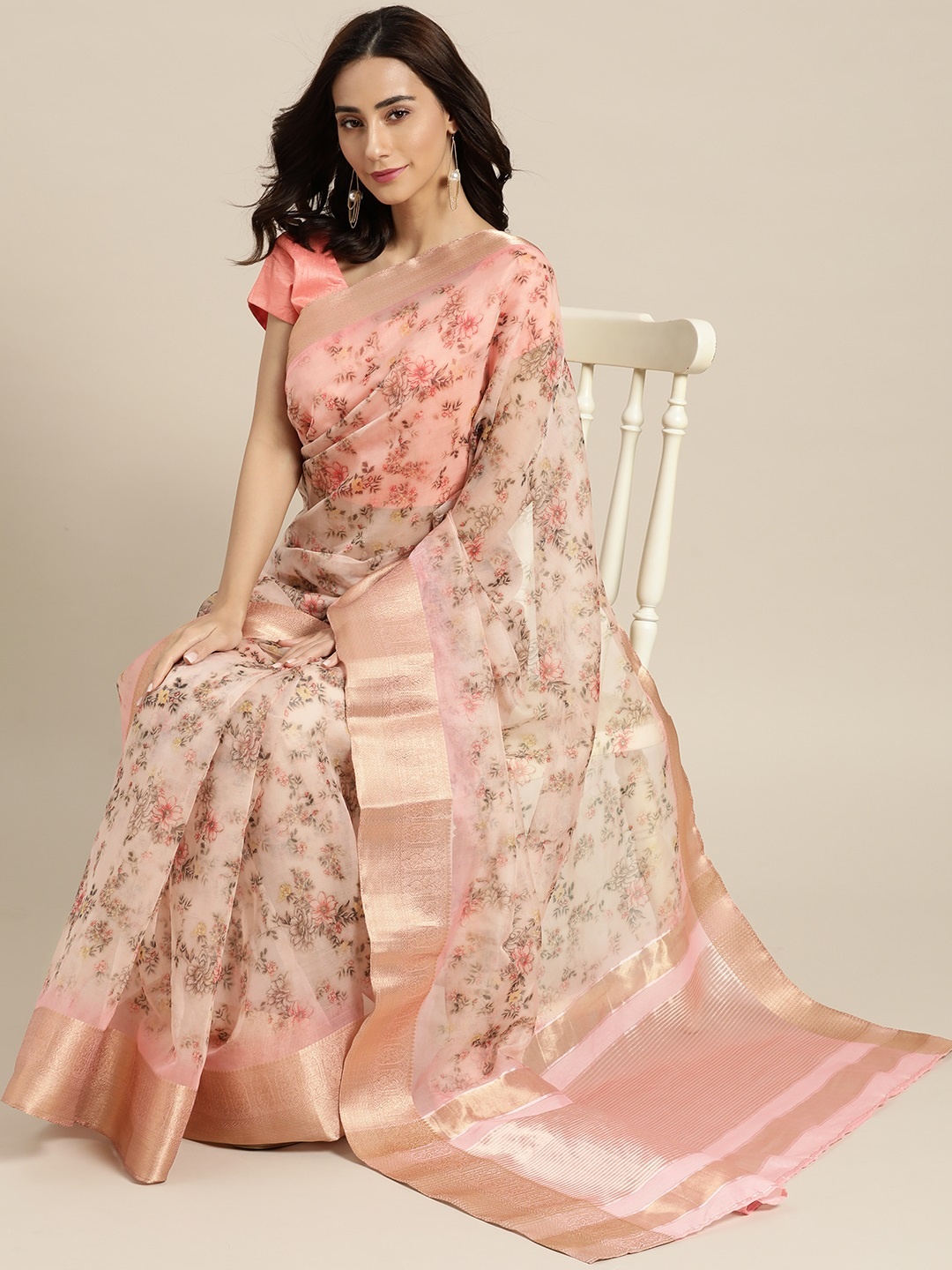 

all about you Pink & Green Tissue Jacquard Floral Print Saree