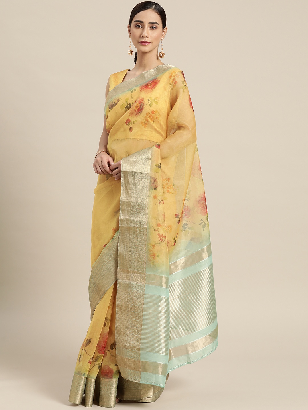 

all about you Yellow & Pink Floral Zari Tissue Saree