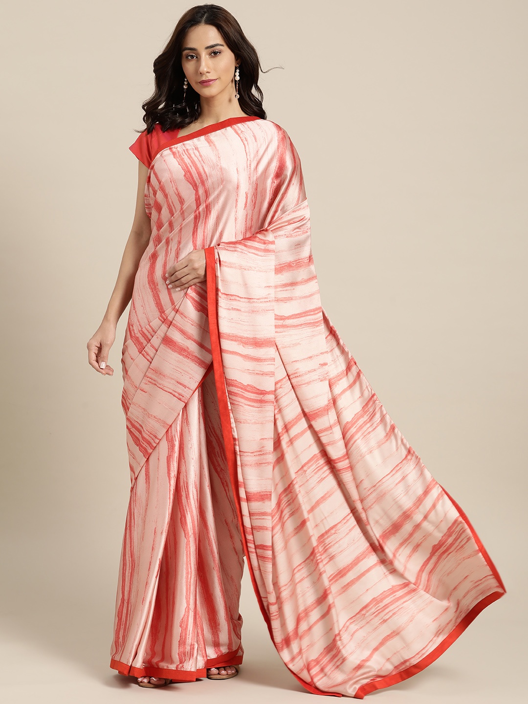 

all about you Beige & Red Striped Satin Saree