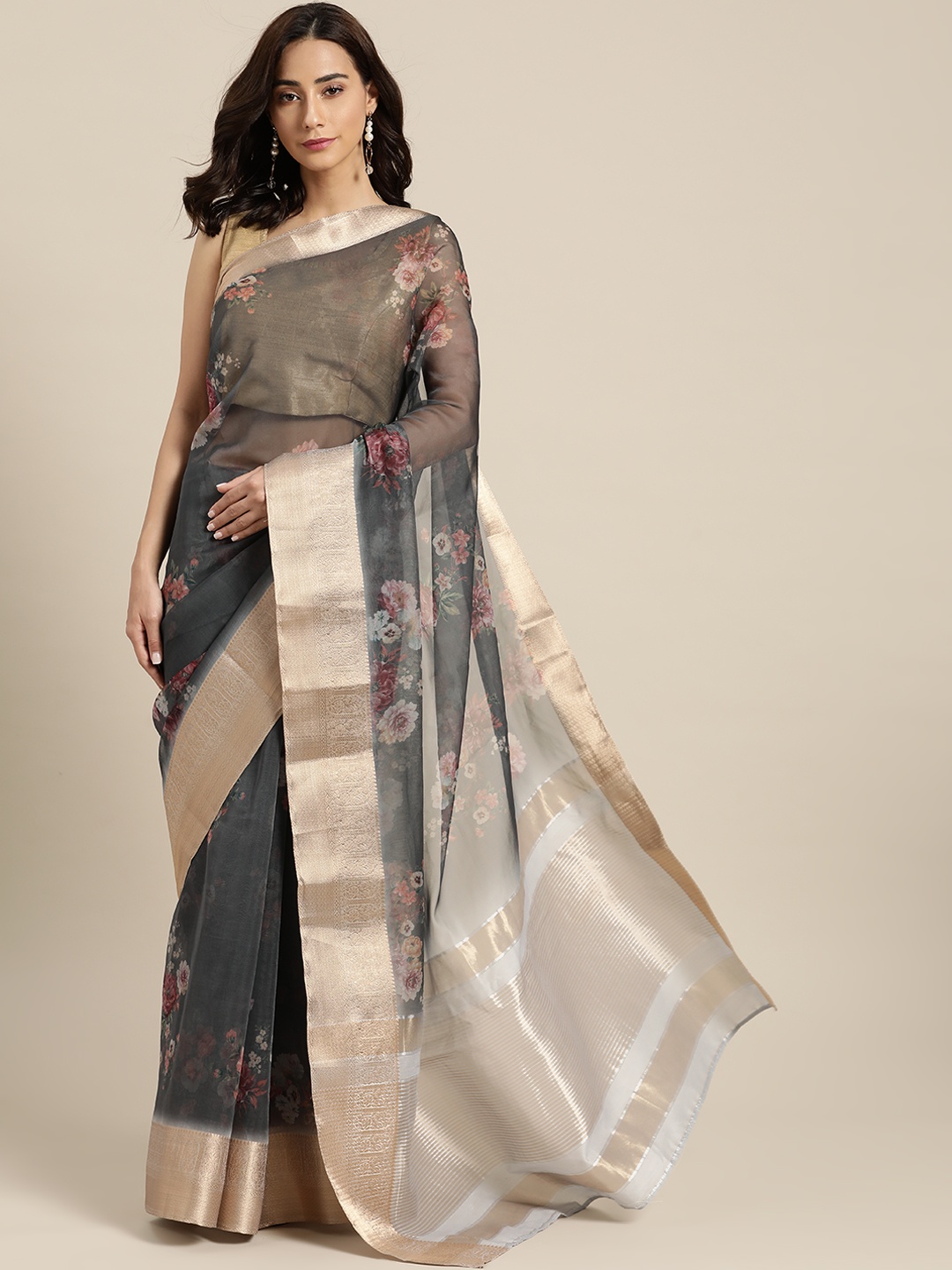 

all about you Charcoal Grey & Golden Floral Printed Tissue Saree, Blue