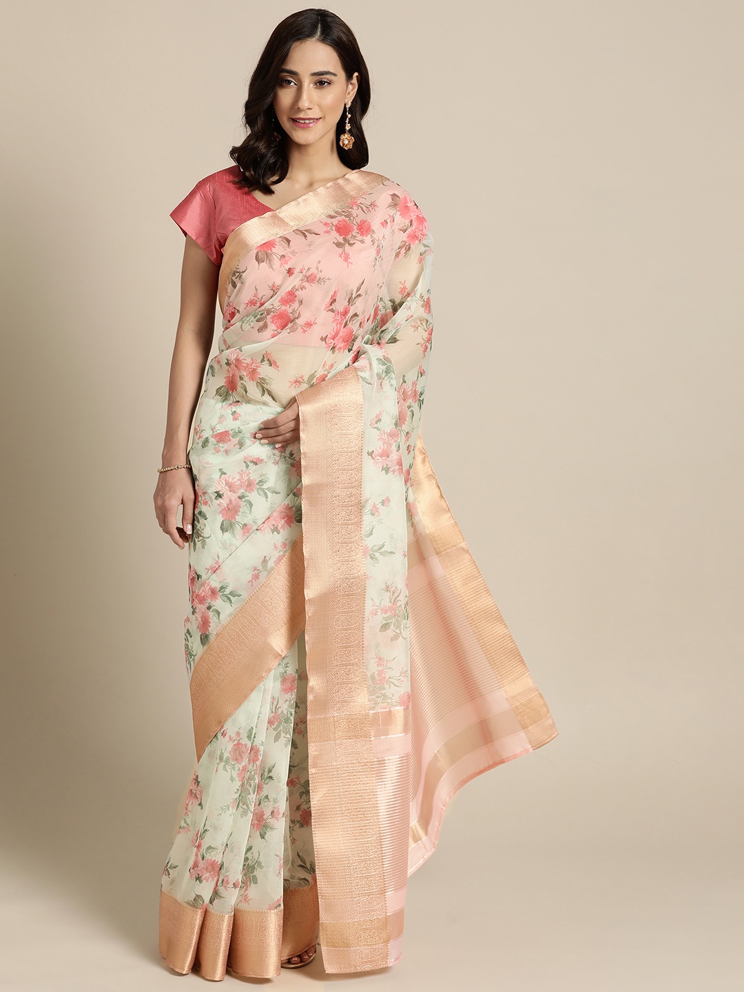

all about you Pink & Green Floral Tissue Saree