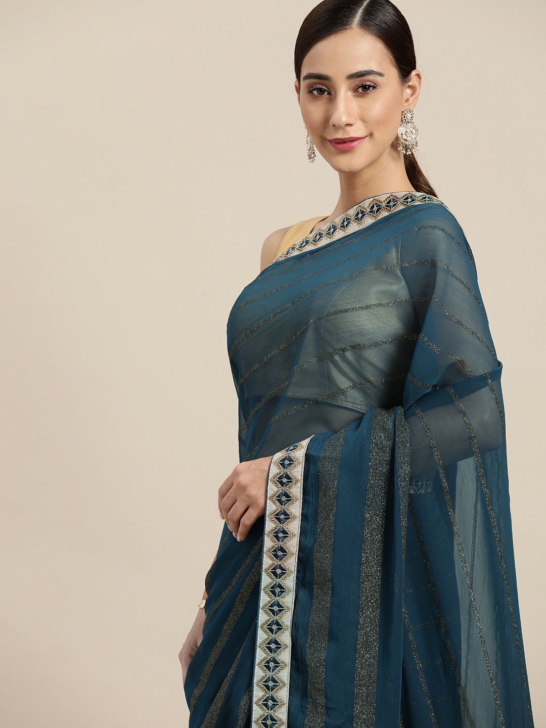 

all about you Teal & Golden Striped Saree