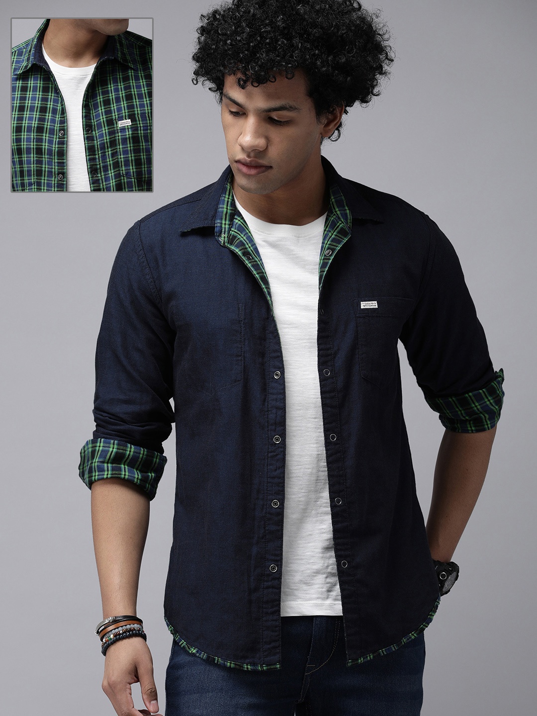 

Roadster Men Green & Navy Blue VETTEL REVERSIBLE Checked Pure Cotton Casual Shirt
