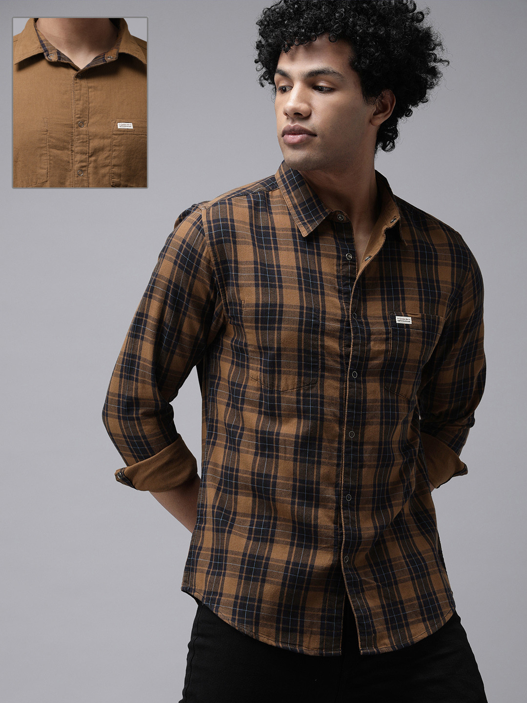 

Roadster Men Toffee Tartan Checked Opaque Pure Cotton Casual Shirt, Camel brown
