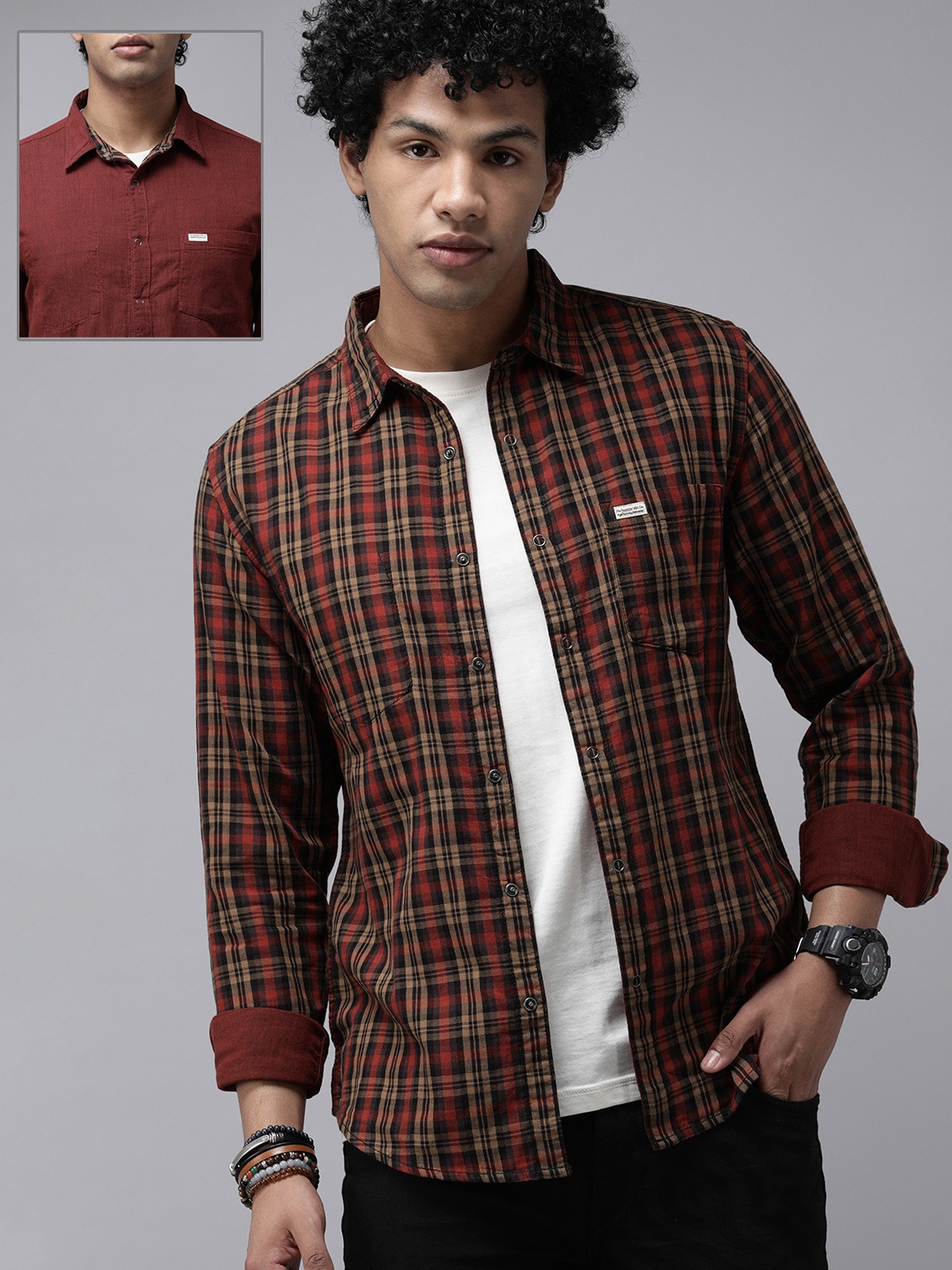 

Roadster Men Red Checked Pure Cotton Reversible Sustainable Casual Shirt