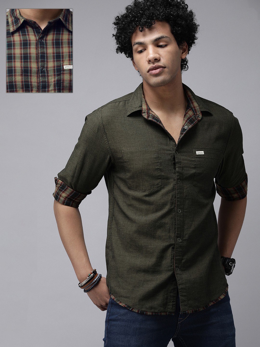 

Roadster Men Burnt Olive Tartan Checked Opaque Pure Cotton Sustainable Casual Shirt