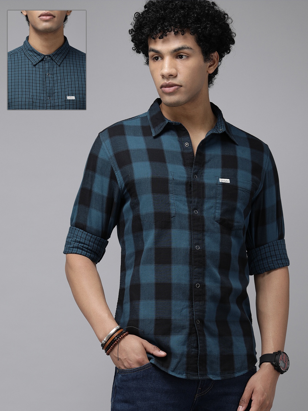 

Roadster Men Teal Blue & Black Buffalo Checks Opaque Checked Casual Shirt