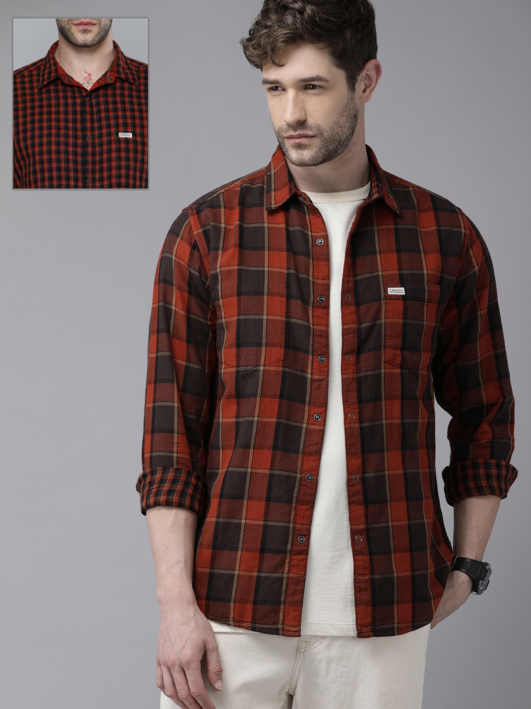 

Roadster Men Orange Buffalo Checks Opaque Pure Cotton Reversible Casual Shirt