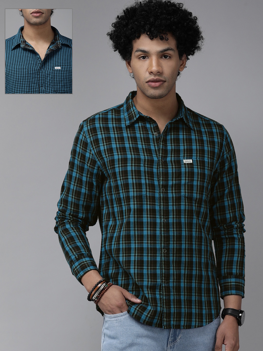 

Roadster Men Teal Blue & Black Tartan Checked Pure Cotton Reversible Casual Shirt