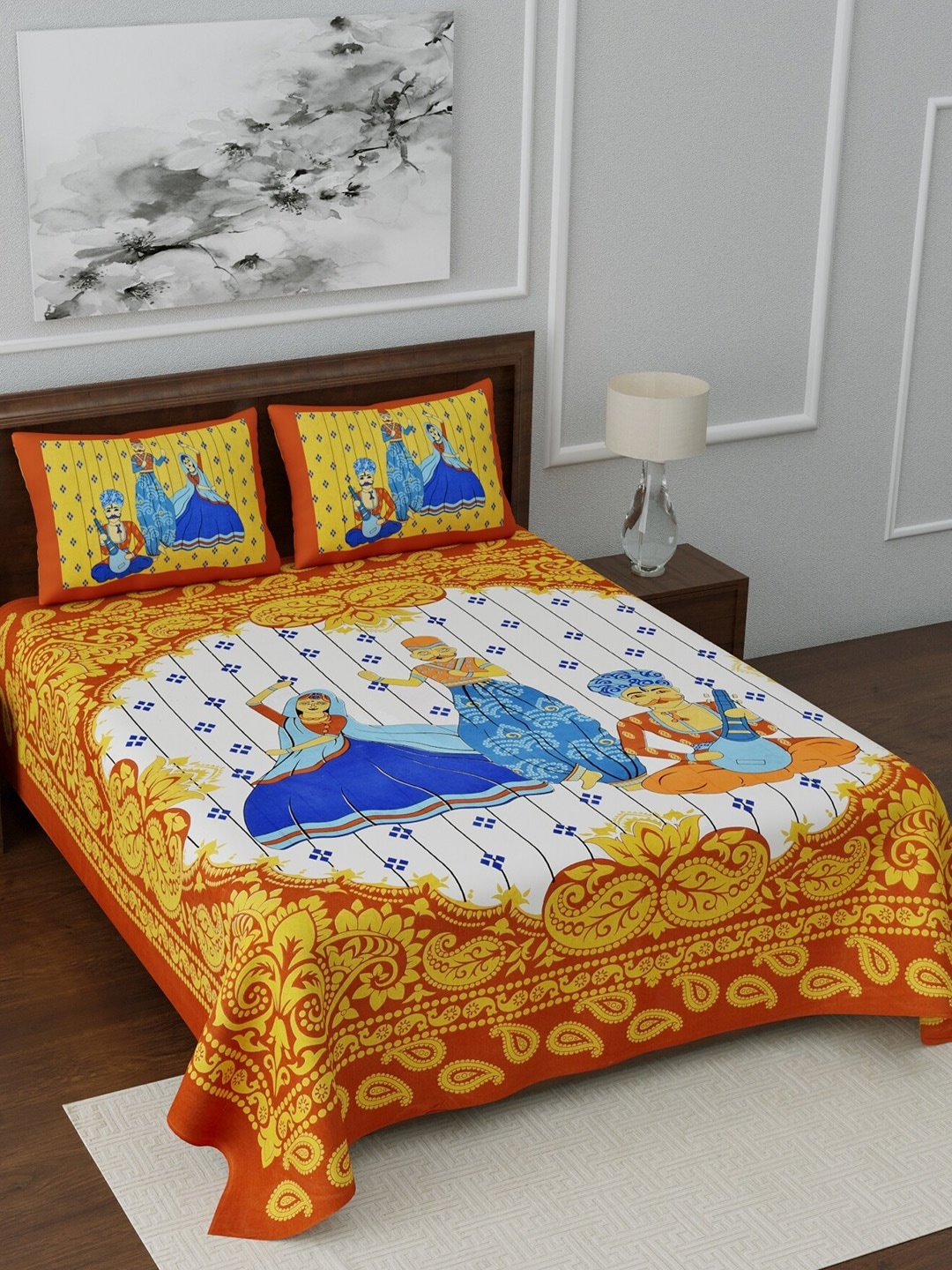 

LIVING ROOTS Mustard Yellow Ethnic Motifs 144 TC Queen Bedsheet with 2 Pillow Covers
