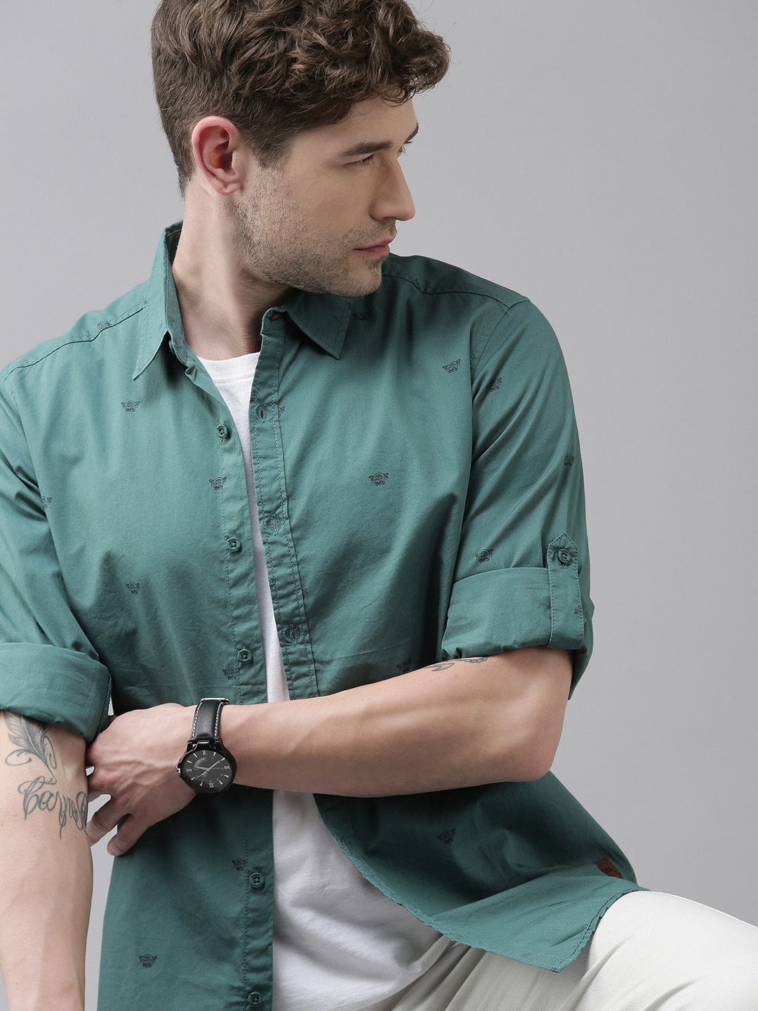 

Roadster Men Green Printed Pure Cotton Sustainable Casual Shirt