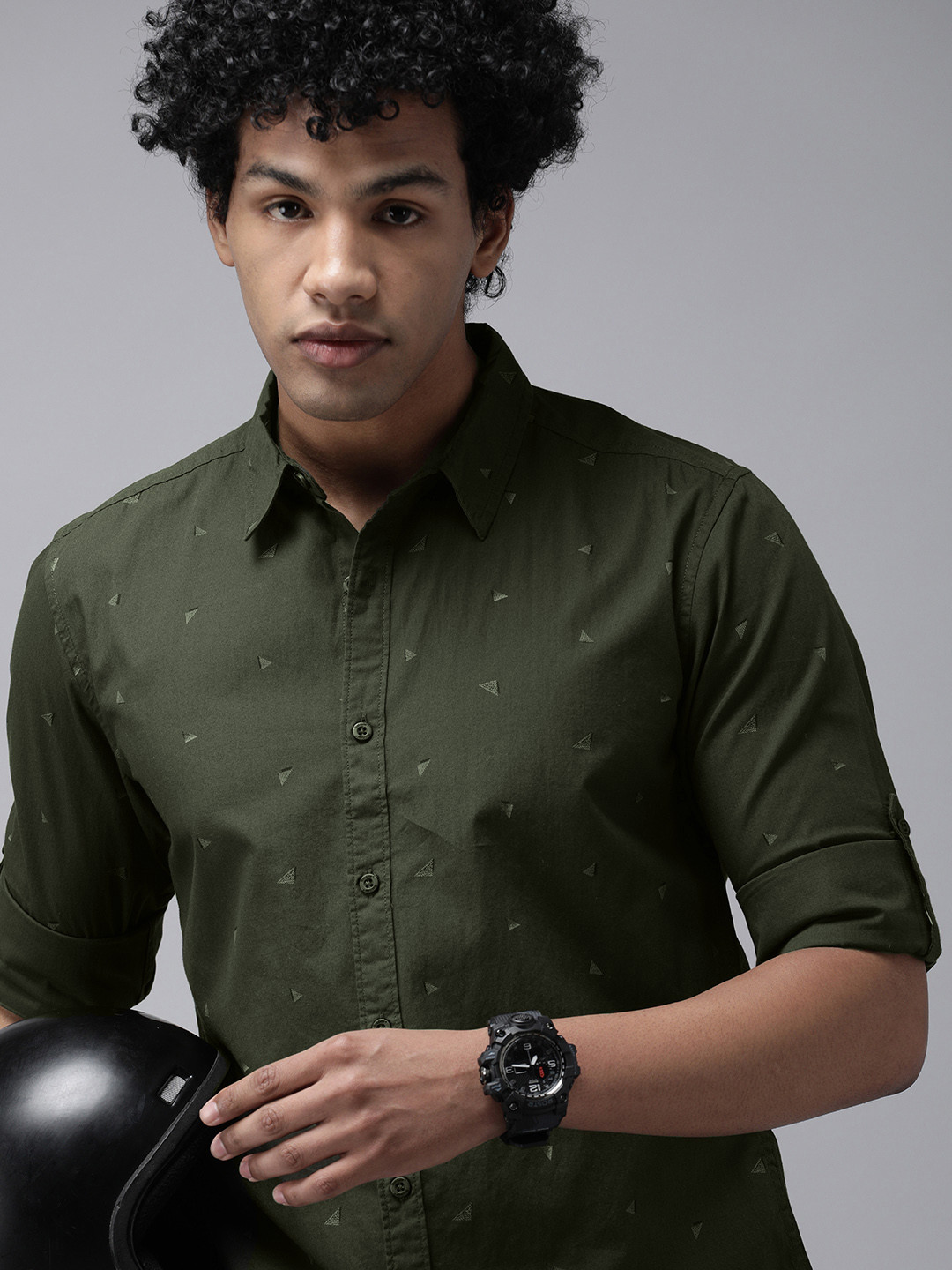 

Roadster Men Olive Green Printed ALONSO AOP Pure Cotton Sustainable Casual Shirt
