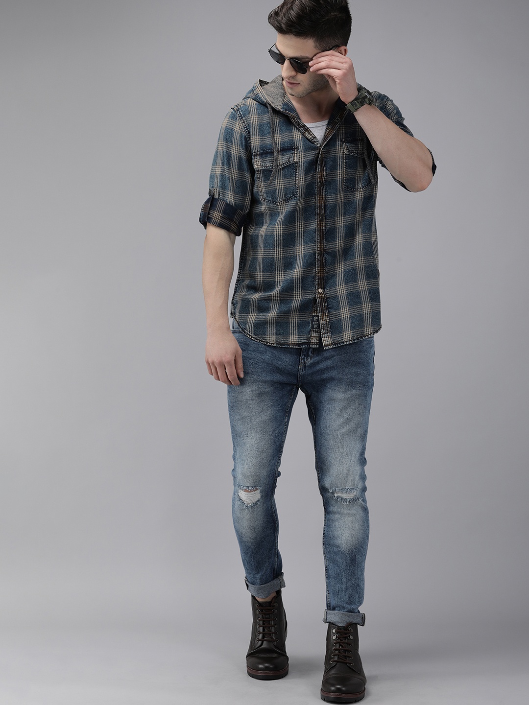 

Roadster Men Blue Checked Hooded Casual Shirt