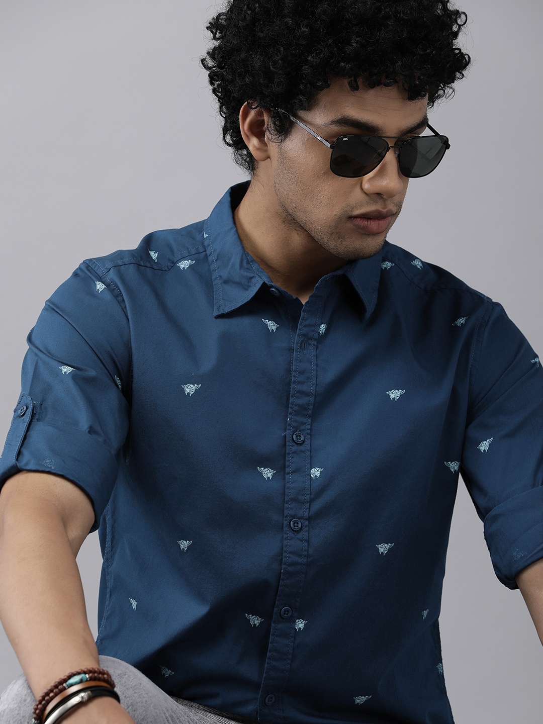 

Roadster Men Navy Blue Printed Casual Shirt