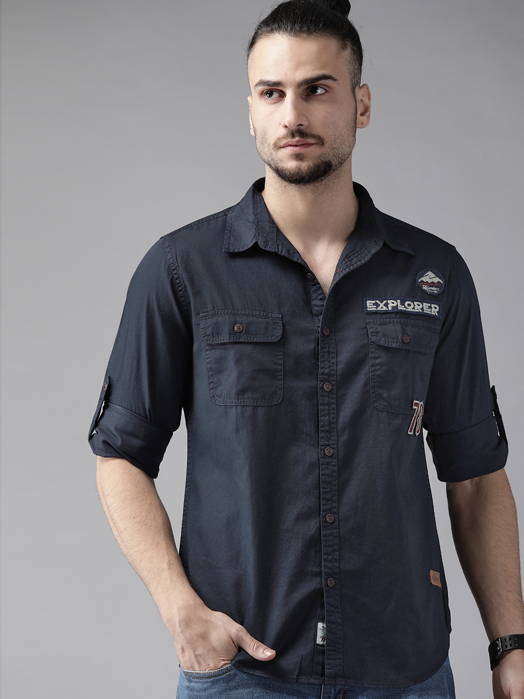 

Roadster Men Navy Blue Pure Cotton Solid Casual Shirt