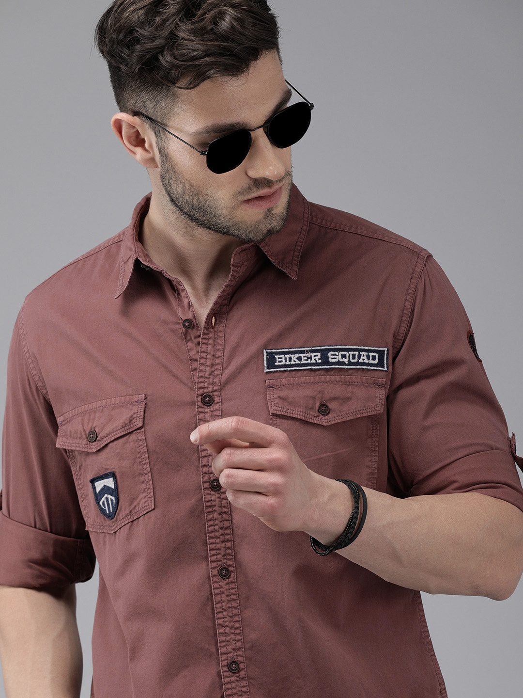 

Roadster Men Mauve Opaque Typographic Printed Pure Cotton Casual Shirt