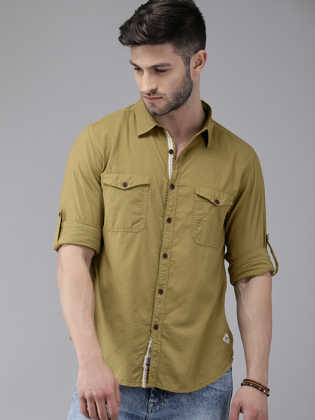 

Roadster Men Khaki Self Design Regular Fit Pure Cotton Casual Shirt