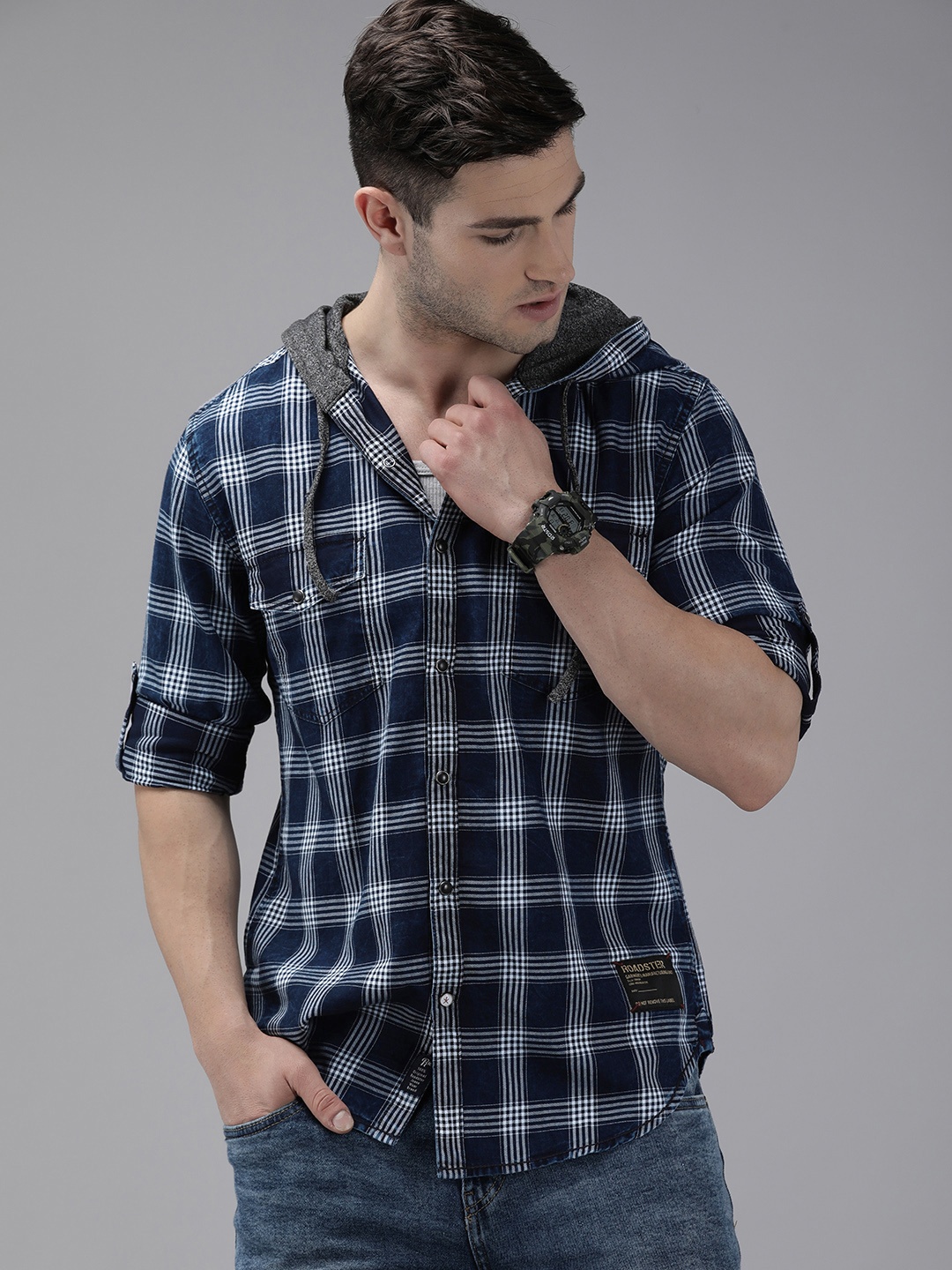 

Roadster Men Navy Blue Checked Hooded Casual Shirt