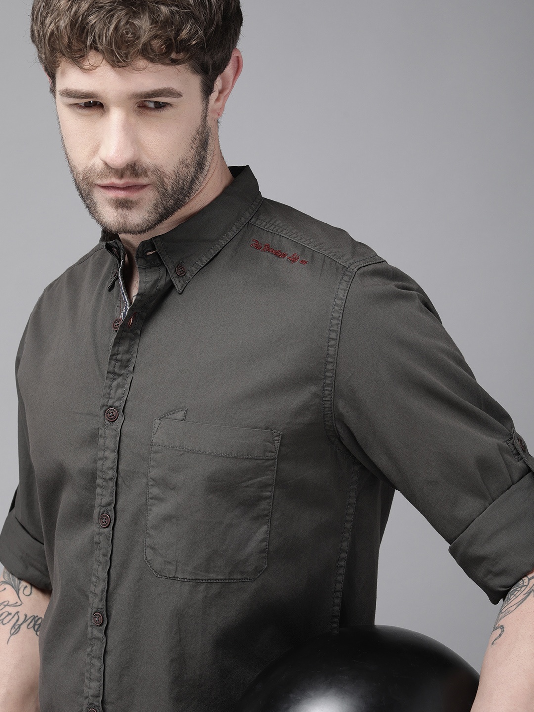 

Roadster Men Grey Solid Opaque Pure Cotton Casual Shirt