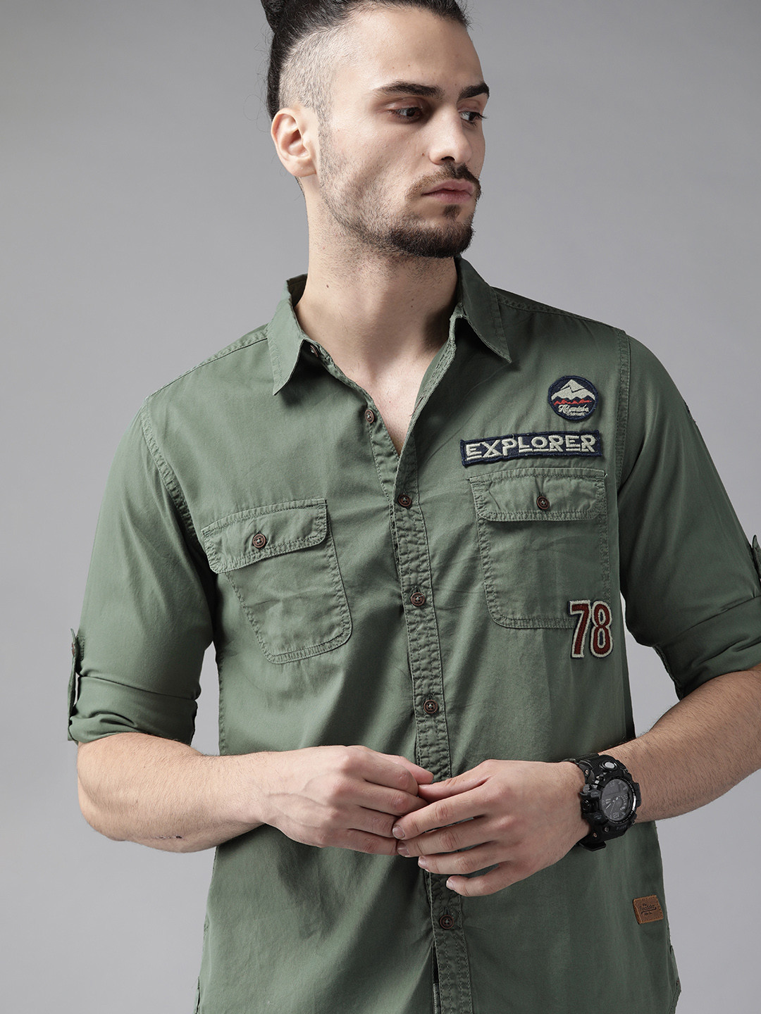 

Roadster Men Green Pure Cotton Solid Casual Shirt
