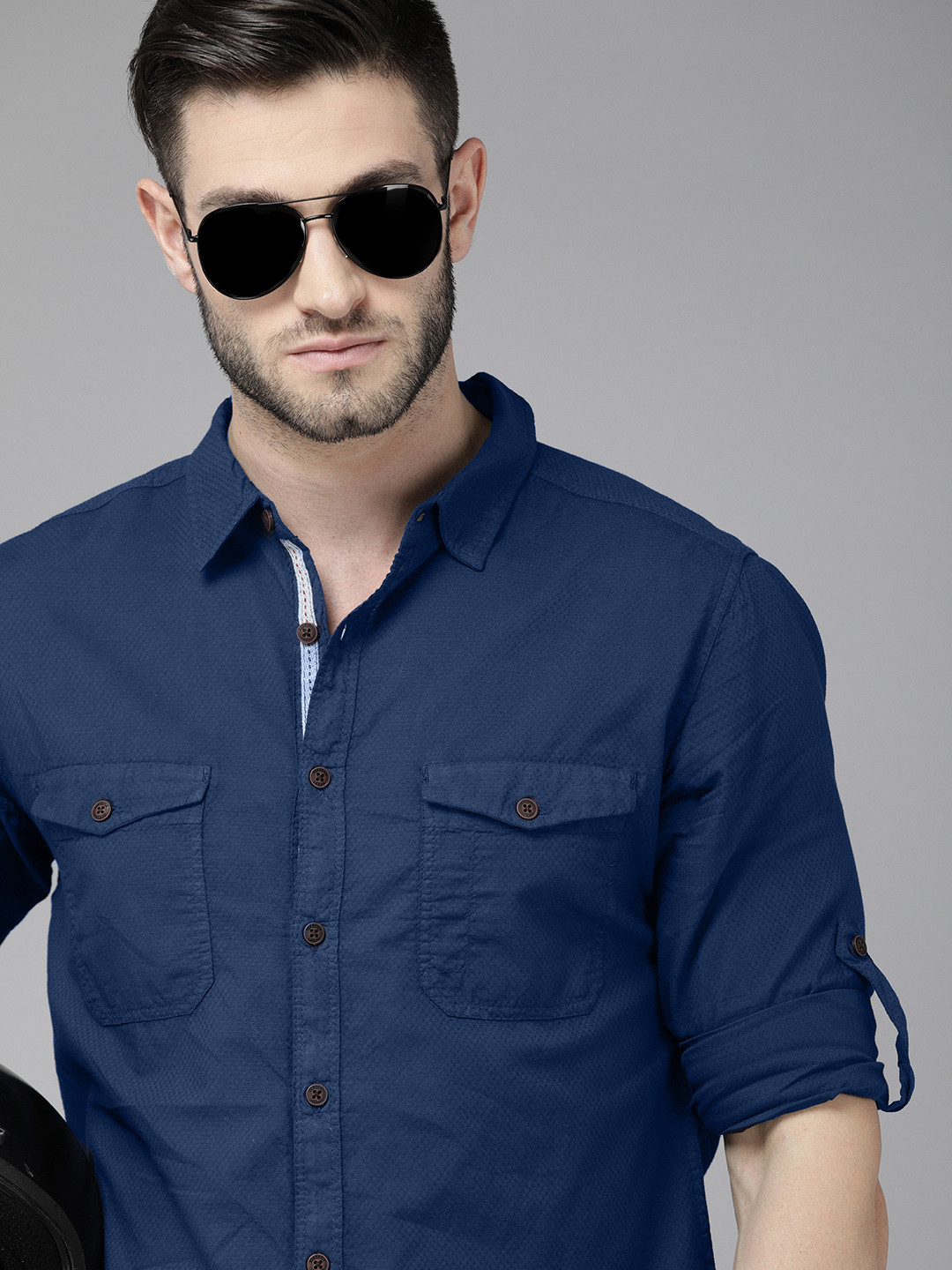 

Roadster Men Blue Self Design Pure Cotton Casual Shirt