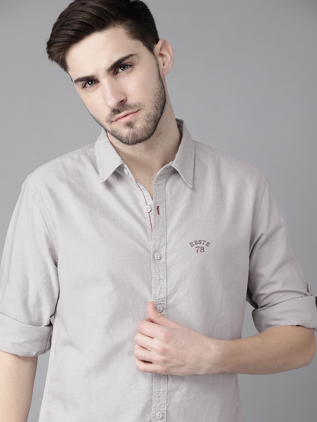 

Roadster Men Grey Solid Cotton Casual Shirt