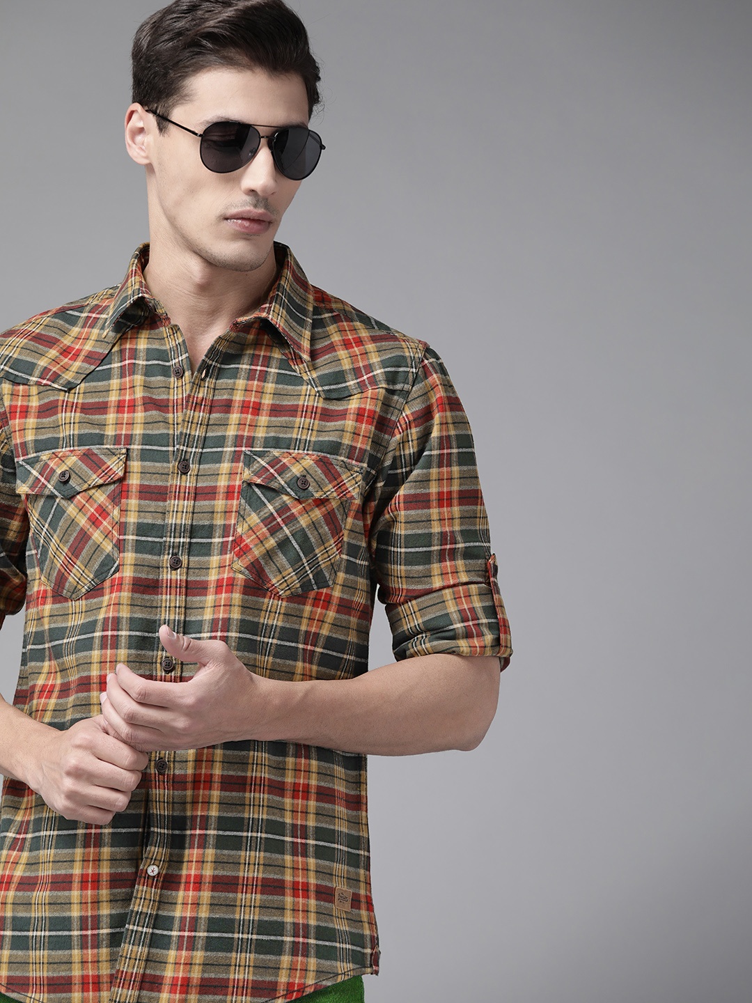 

Roadster Men Mustard Yellow & Green Tartan Checked Pure Cotton Shirt