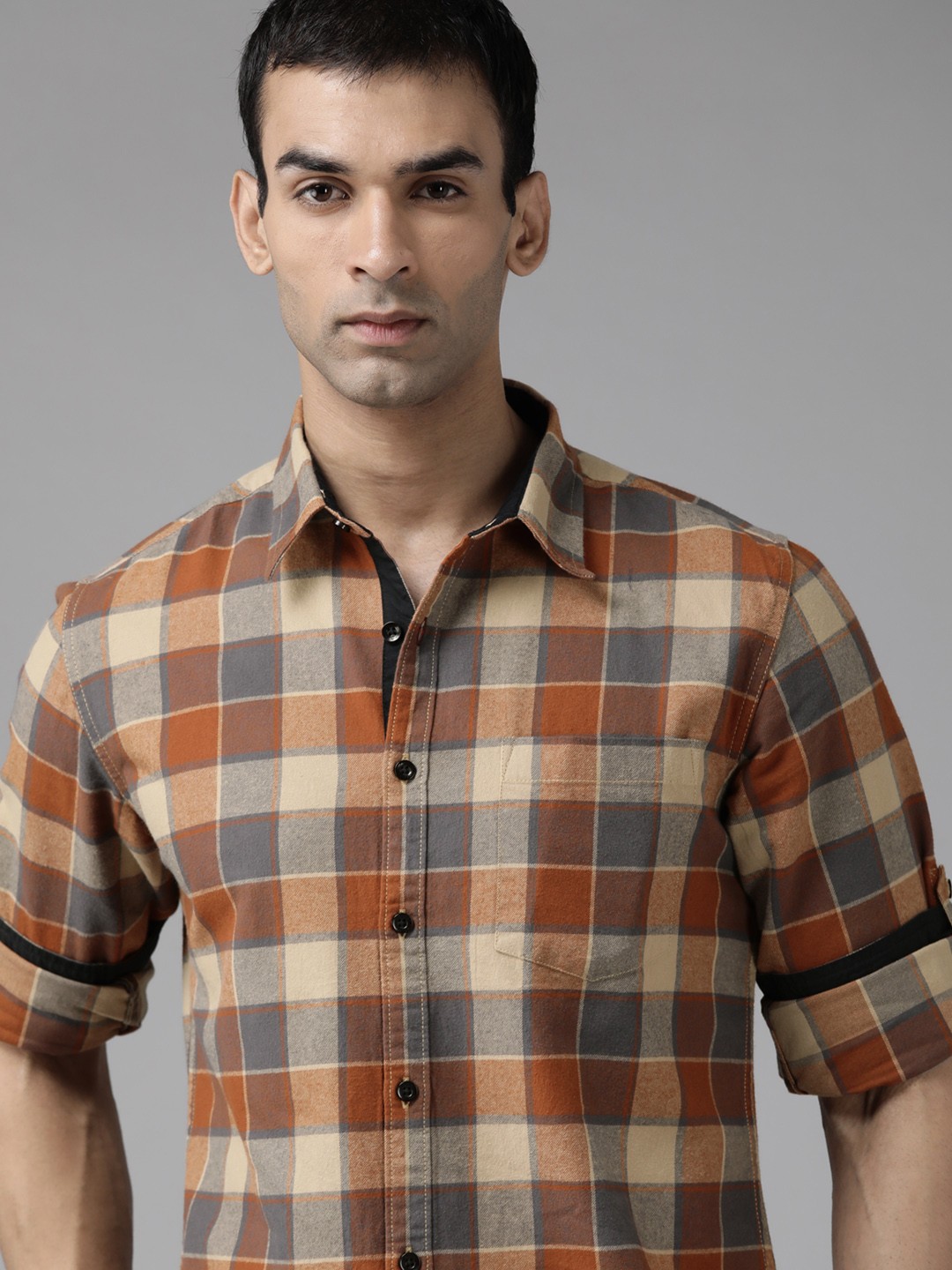 

Roadster Men Rust Orange & Beige Buffalo Checked Pure Cotton Shirt