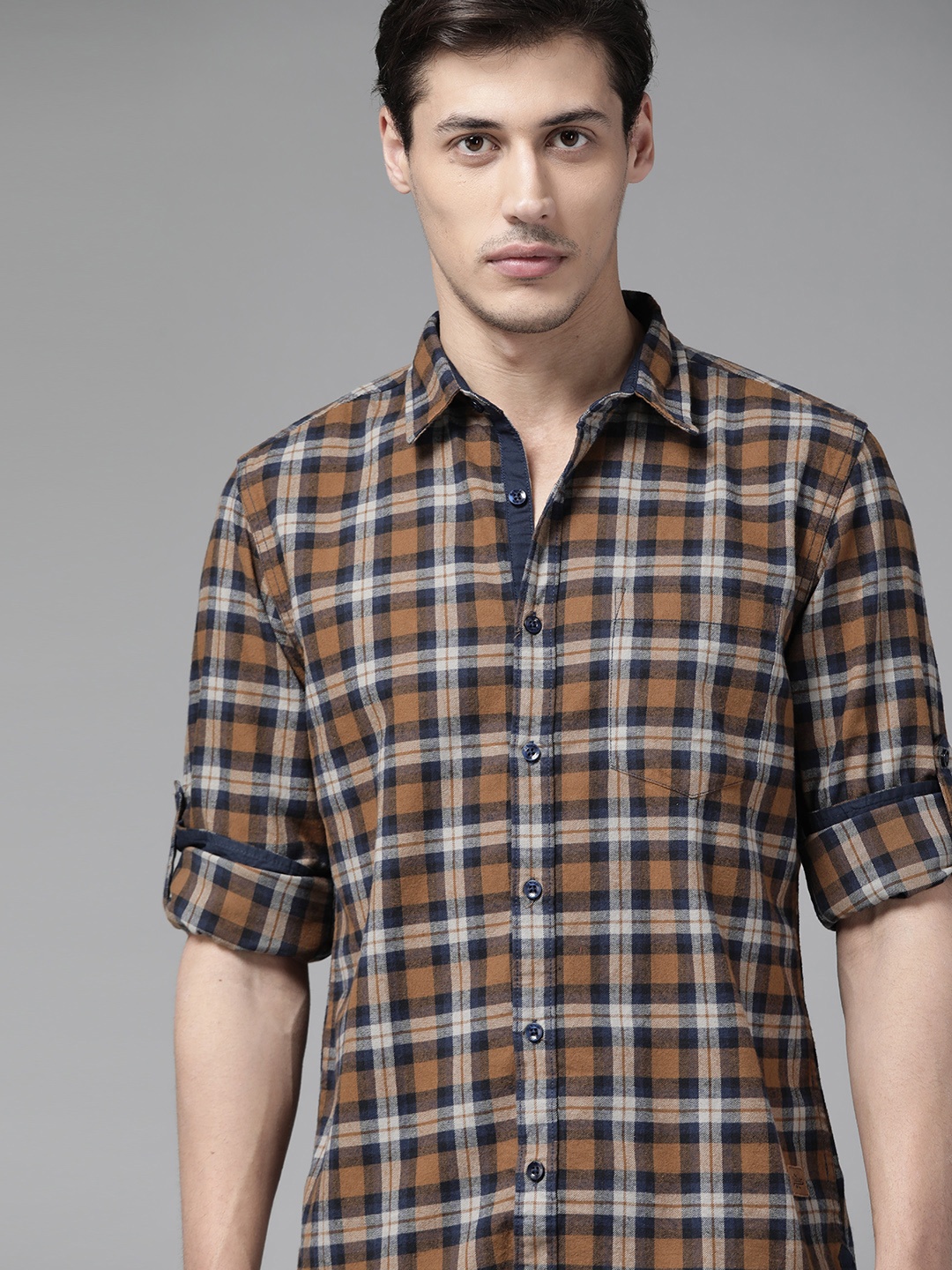 

Roadster Men Mustard Yellow & Navy Blue Tartan Checked Cotton Shirt