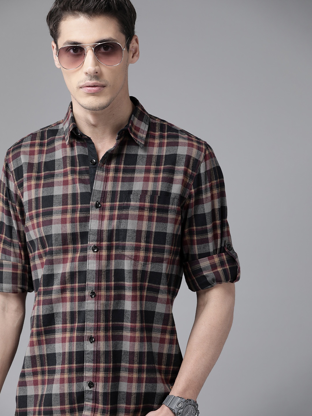 

Roadster Men Rust Grey & Black Tartan Checked Pure Cotton Casual Shirt