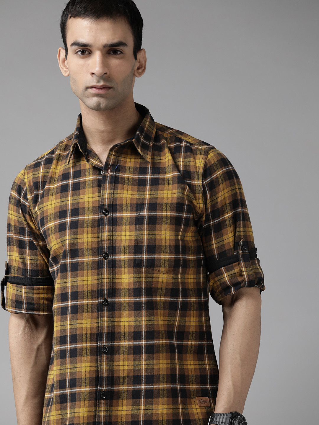 

Roadster Men Mustard Yellow & Navy Blue Tartan Checked Pure Cotton Shirt