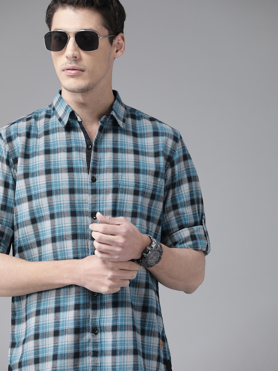 

Roadster Men Blue Tartan Checked Pure Cotton Casual Shirt