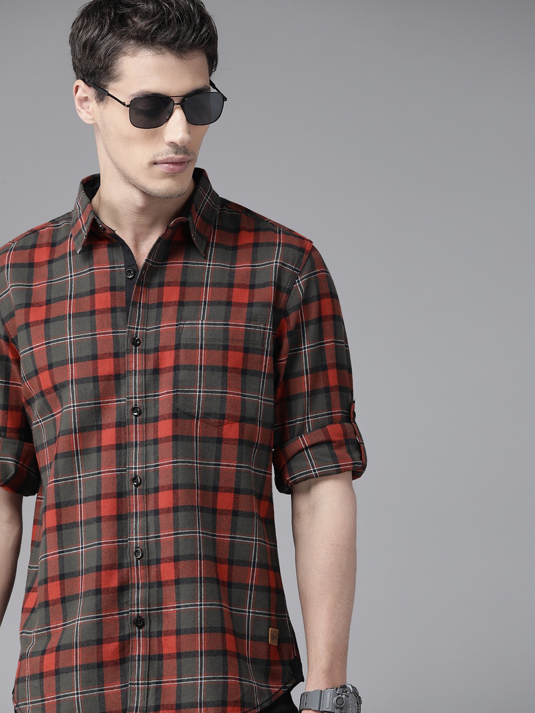 

Roadster Men Rust Red & Olive Tartan Checked Pure Cotton Casual Shirt
