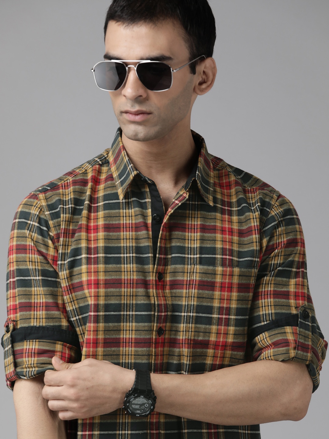 

Roadster Men Mustard Yellow & Olive Green Tartan Checked Pure Cotton Shirt